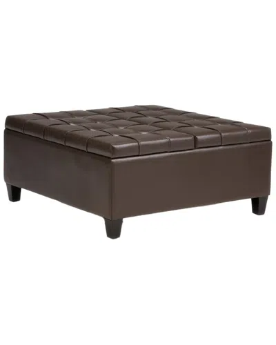 Simpli Home Harrison 36in Transitional Square Coffee Table Storage Ottoman In Gray