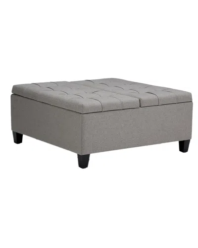 Simpli Home Harrison 36in Transitional Square Coffee Table Storage Ottoman In Gray
