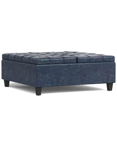 Simpli Home Harrison 40in Transitional Square Large Coffee Table Storage  Ottoman In Blue
