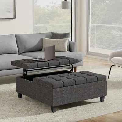 Simpli Home Harrison 40"w Upholstered Transitional Square Lift-top Ottoman With Sturdy Base In Gray Polyester