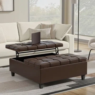 Simpli Home Harrison 40"w Upholstered Transitional Square Lift-top Ottoman With Sturdy Base In Harrison Brown Faux Leather