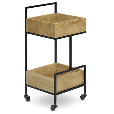 Simpli Home Hobbs 16"w Solid Mango Wood Modern Industrial Bar Cart With 2 Shelves, Towel Hanger, And 4 Wheels In Beige