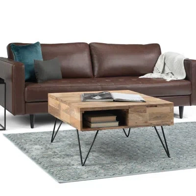Simpli Home Hunter 32"w Solid Wood Industrial Square Lift Top Coffee Table With Dual Lift Tops, Hidden Storage A In Natural