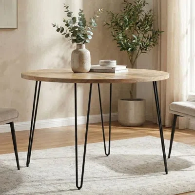 Simpli Home Hunter 45"w Solid Mango Wood Round Dining Table, Industrial Style With Iron Legs, Seats 4 In Natural