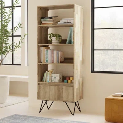 Simpli Home Hunter 64"h Solid Mango Wood And Metal Modern Industrial Bookshelf With Open Shelves And Sturdy Meta In Brown