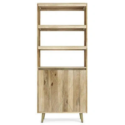 Simpli Home Jager 30"w Solid Mango Wood 3 Shelf Contemporary Bookcase With Open Shelves And Cabinet With Geometr