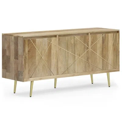 Simpli Home Jager 60"w Solid Mango Wood Mid-century Contemporary 3-door Sideboard Buffet With Geometric Brass In In Natural