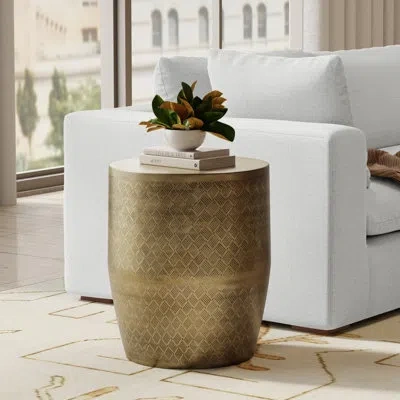 Simpli Home Johnsen 18"w Round Boho Metal Accent Table With Etched Pattern In Antique Gold