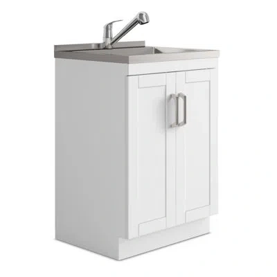 Simpli Home Kyle 24"w Utility Sink & Laundry Cabinet With Pull-out Faucet And Stainless Steel Sink, White