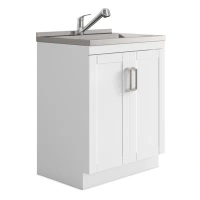 Simpli Home Kyle 28"w Utility Sink & Laundry Cabinet With Pull-out Faucet And Stainless Steel Sink, White