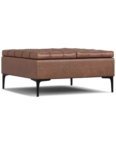 Simpli Home Laura 36in Mid Century Square Lift Top Storage Ottoman In Brown