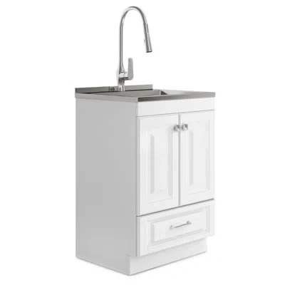 Simpli Home Lawrence 24"w Utility Sink & Laundry Cabinet With Integrated Stainless Steel Sink And Faucet, White