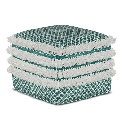 Simpli Home Leah 18'' Wide Square Geometric Pouf Ottoman In Turquoise And White