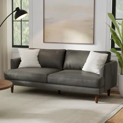 Simpli Home Livingston Top Grain Genuine Leather Mid-century Modern Sofa With Solid Wood Frame For Living Room In Black