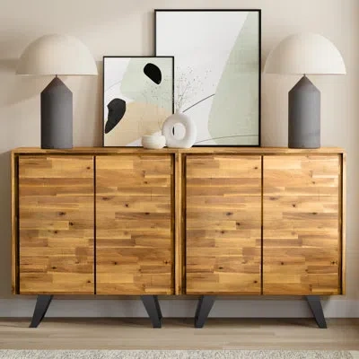 Simpli Home Lowry Solid Acacia Wood 39w Tall Storage Cabinet With Doors Set Of 2 In Golden Wheat