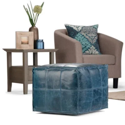 Simpli Home Manning 18"w Genuine Leather Square Pouf In Teal