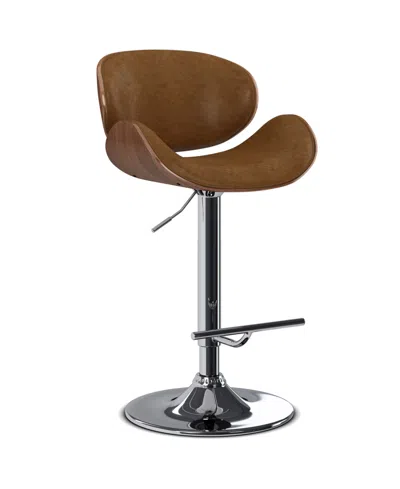 Simpli Home Marana Bentwood Adjustable Swivel Bar Stool In Deep Tan Pu Leather In Brown