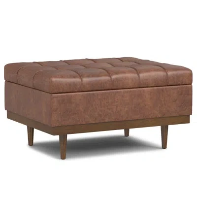 Simpli Home Mariah 34"w Upholstered Coffee Table Storage Ottoman With Lift Top And Solid Wood Legs In Brown