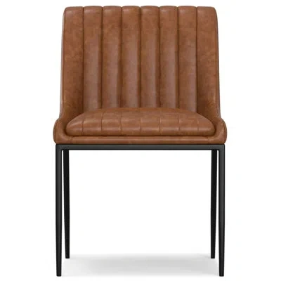 Simpli Home Melody Vegan Faux Leather Upholstered Dining Chair With Channel Stitching And Metal Legs (set Of 2) In Brown