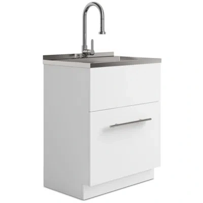Simpli Home Metro 28"w Utility Sink & Laundry Cabinet With High Arch Pull-out Faucet And Stainless Steel Sink, W In White
