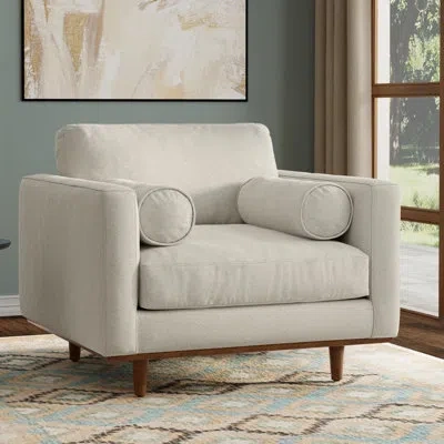 Simpli Home Morrison 42"w Upholstered Mid-century Modern Arm Chair With Bolster Pillows In Cream White Polyester