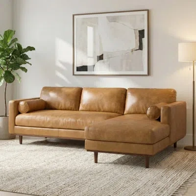 Simpli Home Morrison Large Sectional Sofa, Mid-century Modern Couch With Chaise Lounge In Sienna Genuine Leather