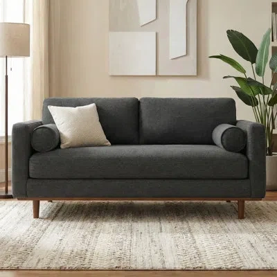 Simpli Home Morrison Woven-blend Fabric Mid-century Modern Loveseat Sofa With Solid Wood Frame For Living Room In Charcoal Gray