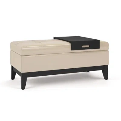 Simpli Home Oregon 42"w Upholstered Vegan Leather Contemporary Rectangular Lift-up Storage Ottoman Bench With Tr In Satin Cream Faux Leather