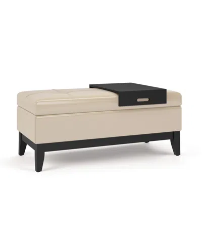 Simpli Home Oregon Storage Ottoman Bench With Tray In Satin Cream Pu Leather