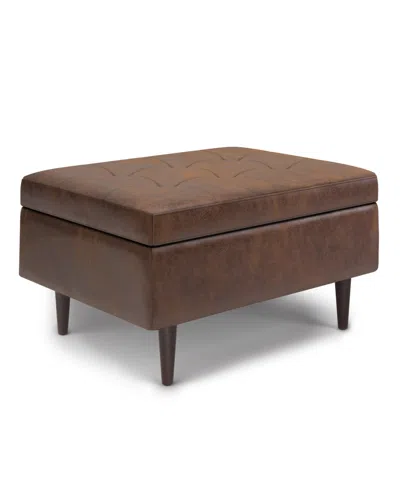 Simpli Home Oregon Storage Ottoman Bench With Tray In Satin Cream Pu Leather In Distressed Chestnut Brown