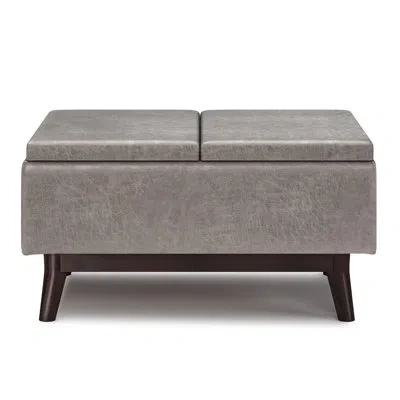 Simpli Home Owen 34"w Upholstered Mid-century Modern Rectangular Flip-top Ottoman With Tray Top In Distressed Grey Faux Leather