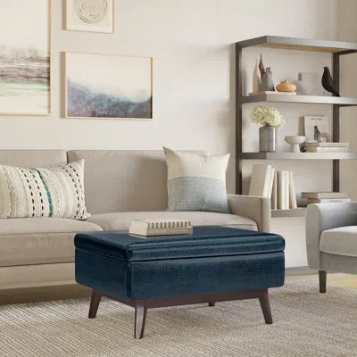 Simpli Home Owen 34"w Upholstered Vegan Leather Mid-century Modern Rectangular Lift-top Ottoman With Tapered Leg In Distressed Dark Blue Faux Leather