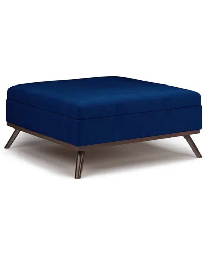 Simpli Home Owen 36in Mid Century Modern Square Coffee Table Storage Ottoman In Blue