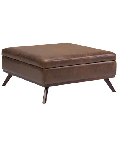 Simpli Home Owen 36in Mid Century Modern Square Coffee Table Storage Ottoman In Brown