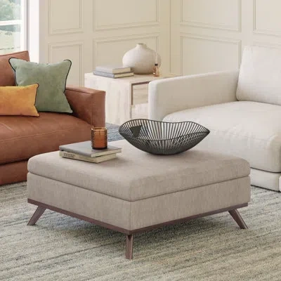 Simpli Home Owen 36"w Upholstered Fabric Mid-century Modern Square Lift-top Ottoman With Tufted Detail In Natural 100% Polyester