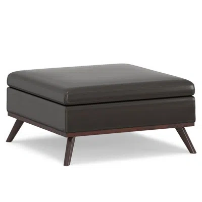 Simpli Home Owen 36"w Upholstered Mid-century Modern Square Lift-top Ottoman With Tufted Detail In Tanners Brown Vegan Faux Leather