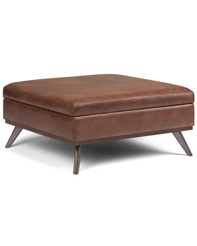 Simpli Home Owen 36in Mid Century Modern Square Coffee Table Storage Ottoman In Brown