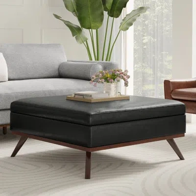 Simpli Home Owen 40"w Upholstered Mid-century Modern Square Lift-top Ottoman With Ample Storage In Distressed Black