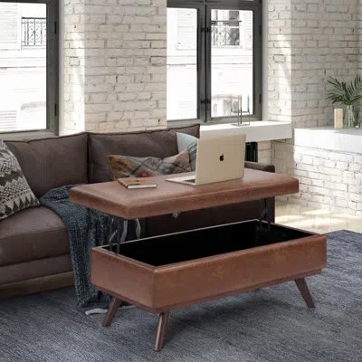 Simpli Home Owen 42"w Upholstered Vegan Leather Mid-century Modern Rectangular Lift-top Ottoman With High-densit In Distressed Saddle Brown
