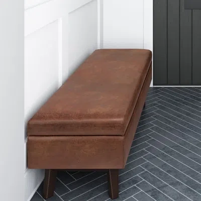 Simpli Home Owen 48"w Upholstered Mid-century Modern Rectangular Lift-top Ottoman With Tufted Detail In Saddle Brown Faux Distressed Leather