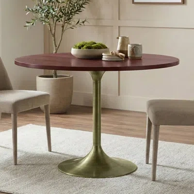 Simpli Home Radford 36"w Solid Mango Wood Round Dining Table, Contemporary Style With Metal Base, Seats 3 In Walnut