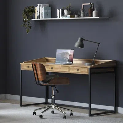 Simpli Home Ralston Solid Acacia Wood And Metal Modern Industrial Writing Desk With 2 Drawers And Flip-down Keyb In Distressed Golden Wheat,gray