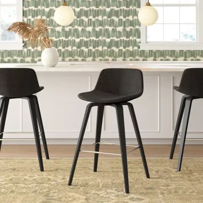 Simpli Home Randolph Upholstered Bentwood Mid-century Modern Bar & Counter Stool With Chrome Footrest In Linen Look Polyester Fabric-charcoal Gra