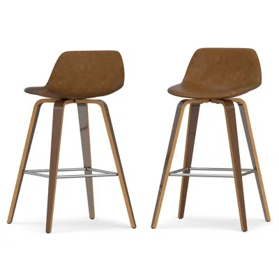 Simpli Home Randolph Upholstered Bentwood Mid-century Modern Bar & Counter Stool With Chrome Footrest (set Of 2) In Vegan Faux Leather-deep Tan
