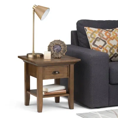 Simpli Home Redmond 19"w Solid Wood Transitional End Table With Drawer, Open Shelf And Tapered Legs In Rustic Natural Aged Brown