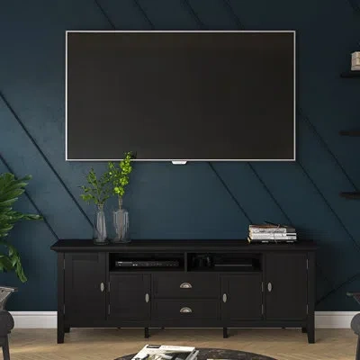 Simpli Home Redmond 72"w Solid Wood Transitional Tv Stand For Tvs Up To 80" With 2 Cabinets, 2 Drawers, And Open In Black