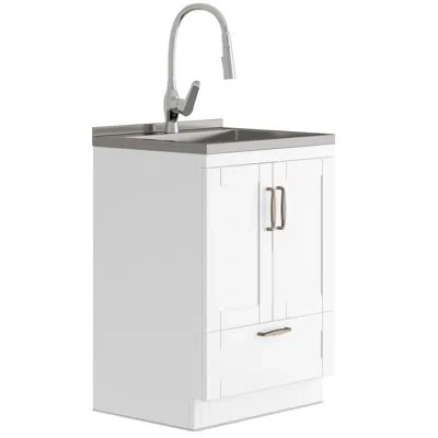 Simpli Home Reed 24"w Utility Sink & Laundry Cabinet With High-arch Facet And Stainless Steel Sink, White