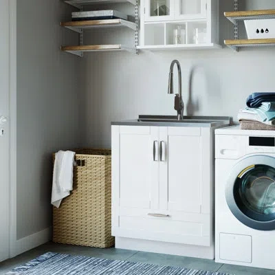 Simpli Home Reed 28"w Utility Sink & Laundry Cabinet With Pull-out Facte And Stainless Steel Sink, Pure White