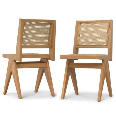 Simpli Home Regina Solid Wood Dining Chair With Rattan Backrest And Armless Mid-century Design (set Of 2) In Brown