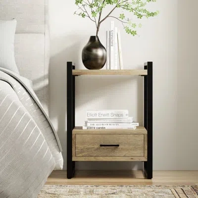 Simpli Home Riverside 22"w Solid Mango Wood Bedside Table With Large Drawer And Metal Frame In Brown